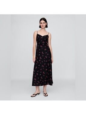 GAP Black Linen Maxi Dress with Red Floral Print